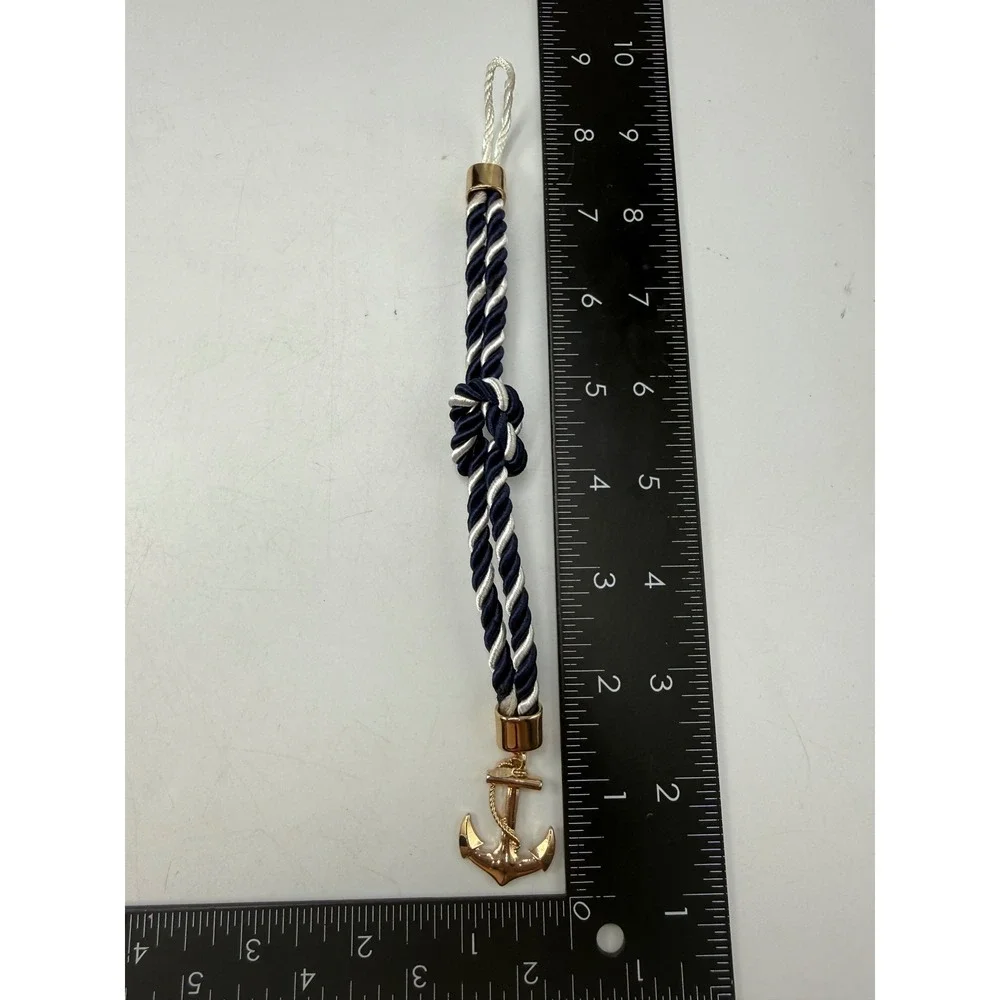 Nautical Anchor Keychain Gold Tone Navy White Twisted Rope Bag Charm 9 Inch